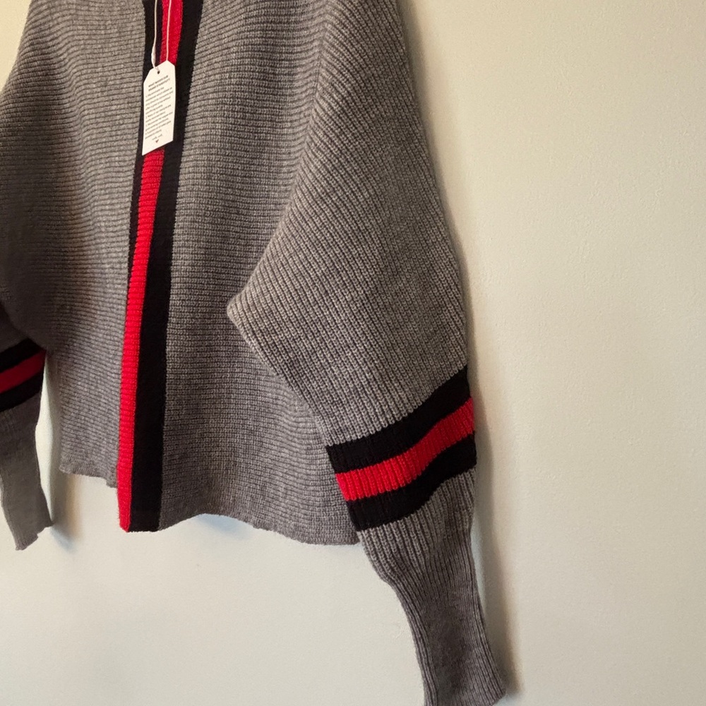 Gray Crewneck Sweater with Red & Black Stripe Detail - Picture 2 of 10